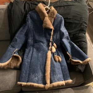 Blue suede shearling winter coat